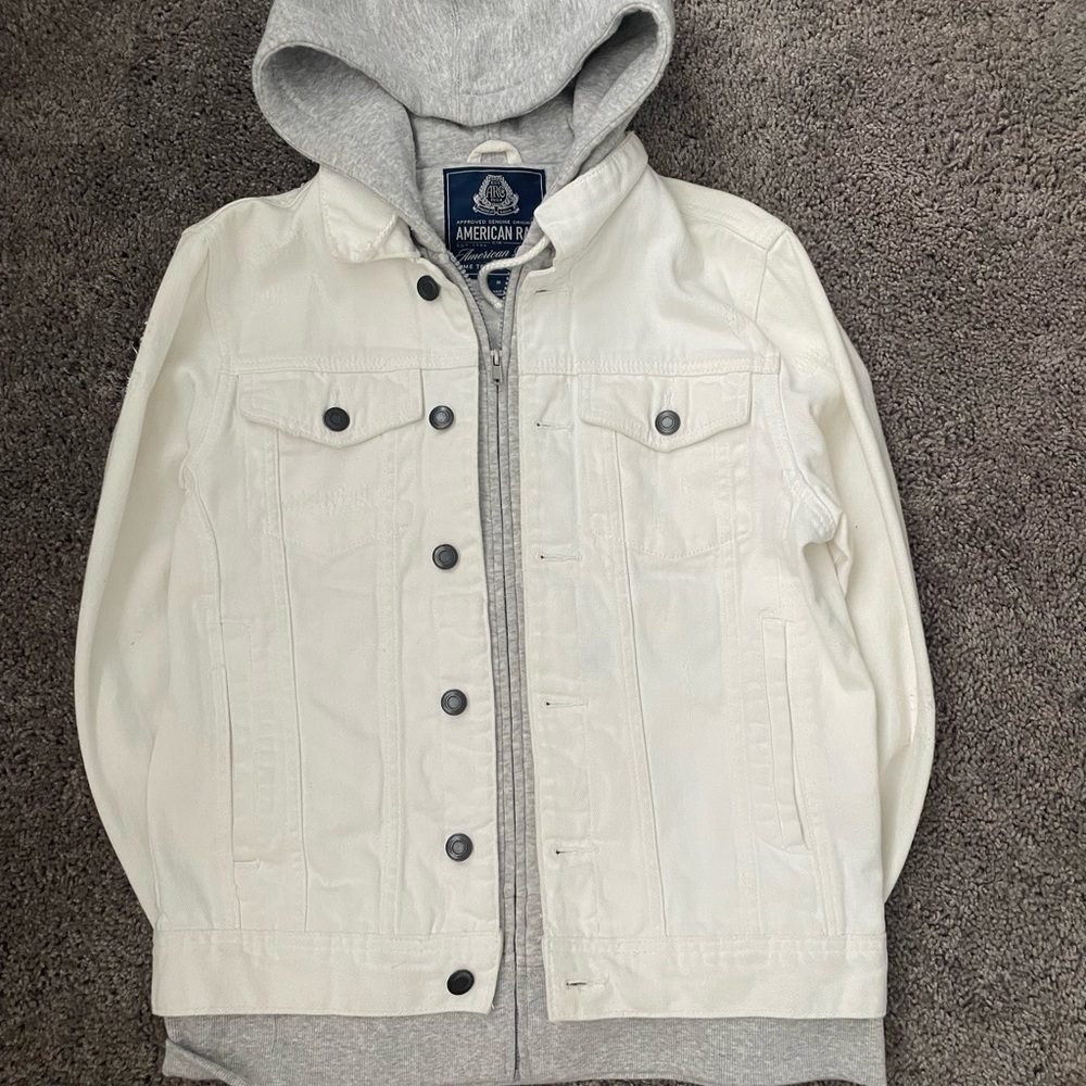 White Denim Jacket with Gray Hoodie
